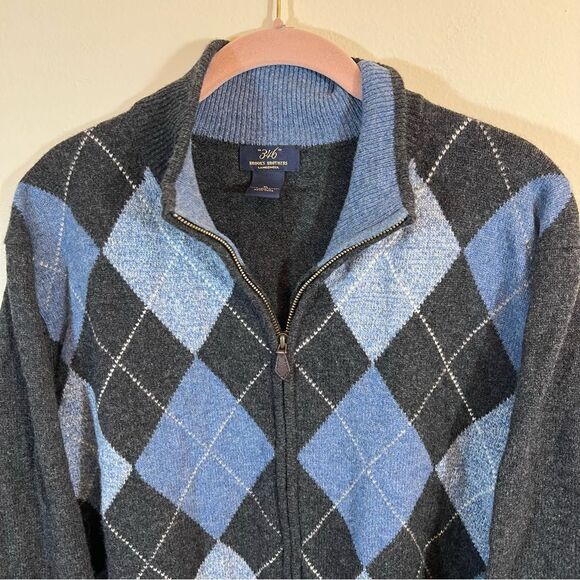 Brooks Brothers Men’s Gray Blue Argyle Lambswool Zip Up Sweater XL - Picture 2 of 11